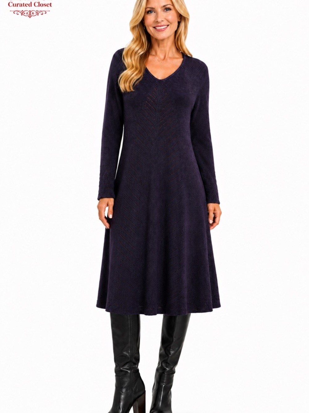 D17 Style & Co. Large Purple Pointelle Knit Sweater Dress Long Sleeve A-Line 36”